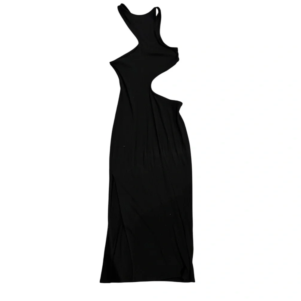 Abercrombie & Fitch Black Ribbed Asymmetrical Cut Out Maxi Dress Size XSP